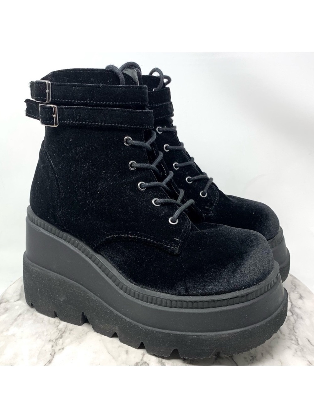 Demonia Velvet Technopagan Lace Up Black Mega Platform Chunky Boots 10 Goth Alt